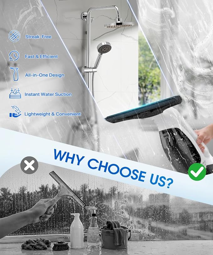 Window Vacuum Squeegee Cordless, 3-in-1 Electric Window Cleaner Tool with Spray & Microfiber Pad, Streak-Free 2200Pa Suction for Glass, Shower Doors, Mirrors, Tiles and Car Windows