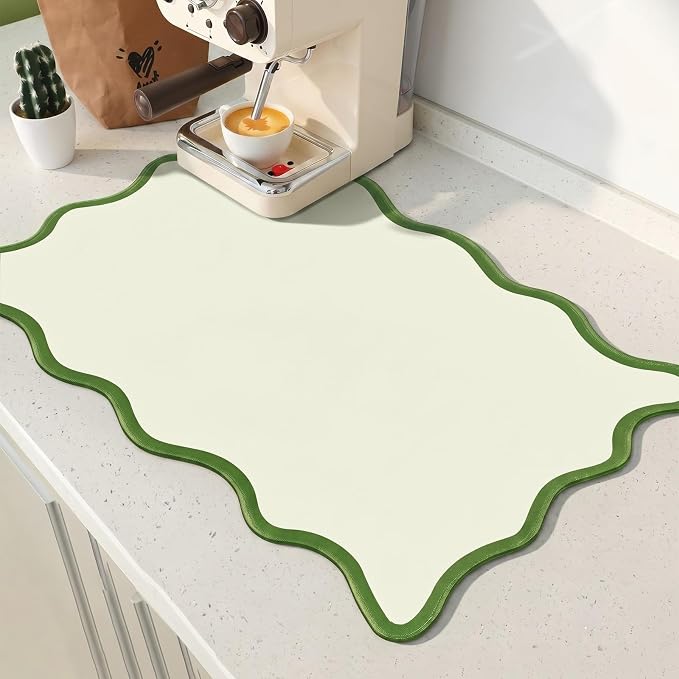 Nuanchu Green Scalloped Dish Drying Mat for Kitchen Counter, Waterproof Easy Clean Non-slip Coffee Bar Station Accessories, Trendy Cute Aesthetic Modern Drainer Kitchen Drying Mat, 12" x 19"