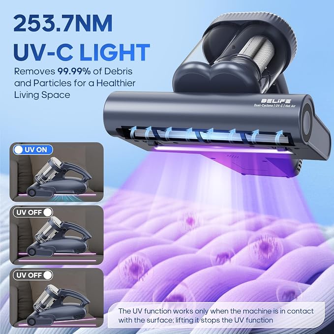 Belife M11 Mattress Vacuum Cleaner with UV & Hot Air for Deep Cleaning | 18Kpa 550W Bed Vacuum with HEPA Filter, Powerful Strong Suction Handheld Couch Cleaner for Sofa Pillows Dust Pet Hair, Corded