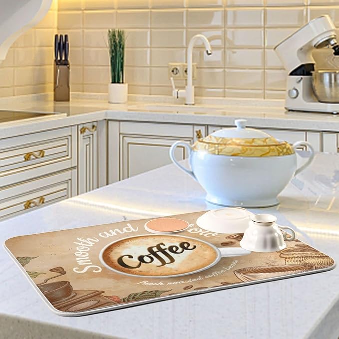 Super Absorbent Dish Drying Mat, Microfiber Fast-Drying Dish Mat, 24" x 18", Kitchen Dish Drying Pad, Coffee Cup Retro Brown