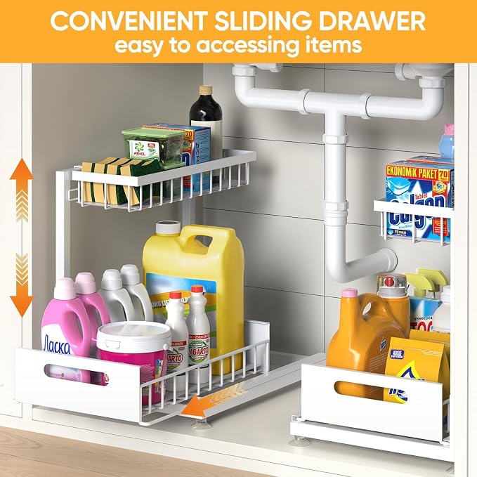 Saydear 2-Pack L-Shaped Under Sink Organizer, 2-Tier Pull-out Cabinet Rack | White Height-Adjustable Steel Rack, Sliding Grid Drawers with PP Liners, Holds 100 Lbs, Suction Base, Ideal Kitchen Storage