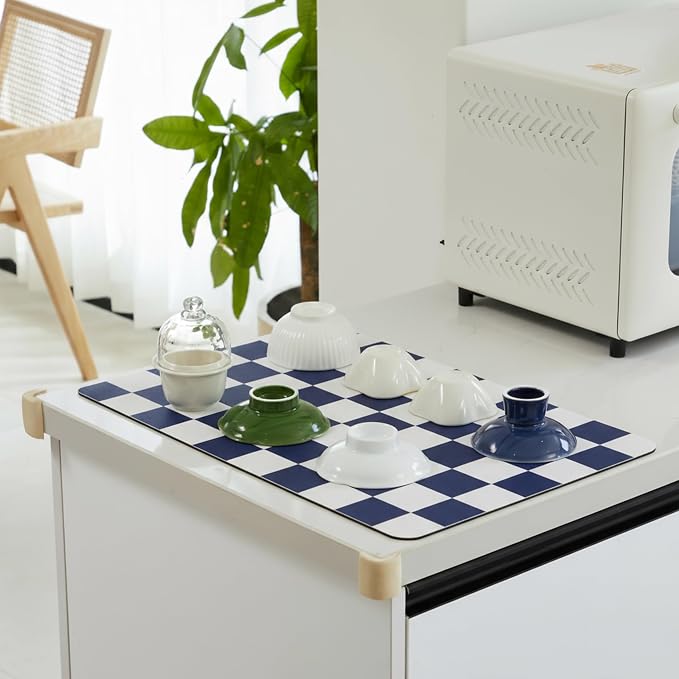Ohocut Checkered Dish Drying Mat for Kitchen Counter, Coffee Bar Station Accessories, Retro Cute Aesthetic Modern Absorbent Drainer Mat Kitchen Drying Mat Easy Clean (Navy Blue, 24" x 16")