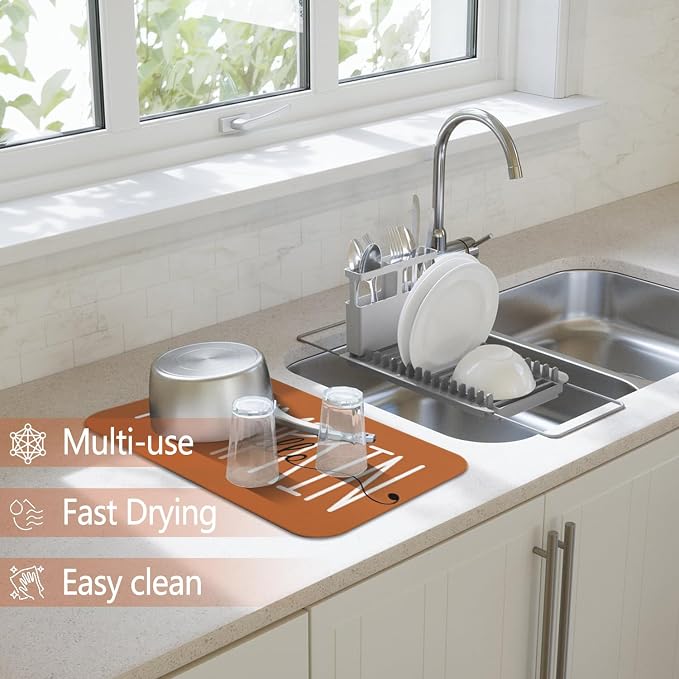 Fall Dish Drying Mat 2-Pack Gingham Pumpkin for Kitchen Counter Dishes | Diatom Mud Mats (18x24, 19.5x12"). Non-slip rubber back for kitchen counter, coffee bar & sink scenes