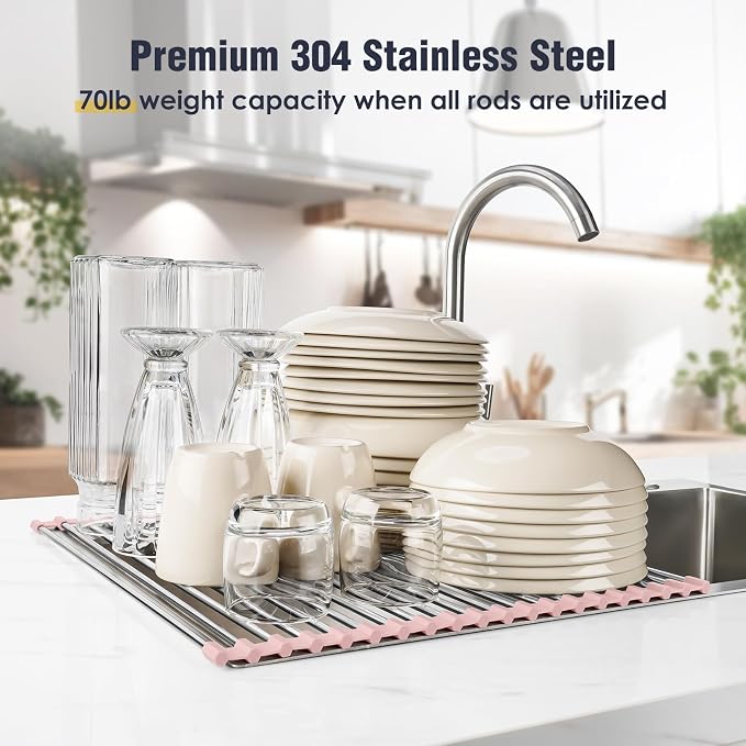 Tomorotec 21" x 15.5" Roll Up Dish Drying Rack Over Sink Drying Rack Sink Cover Kitchen Sink Accessories Gadget Multipurpose Organizer Foldable Stainless Steel Drainer