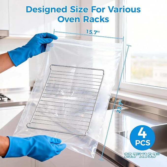 4 Pack Oven Grill Cleaning Bags（15.7''X23.7'', Heavy Duty Oven Rack Cleaner Bags - No Messy Hands Reusable Soak-off Cleaning Kit for Grate & Grill Rack,No Cleaner Included