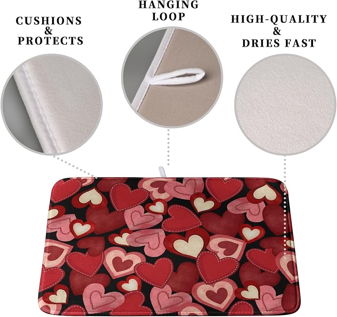 Valentine Dish Drying Mat for Kitchen Counter Red Black Love Heart Drying Pad Microfiber Absorbent Coffee Bar Mat Heat Resistant Countertop Protector Dishes Drainer Mat 18x24 Inch