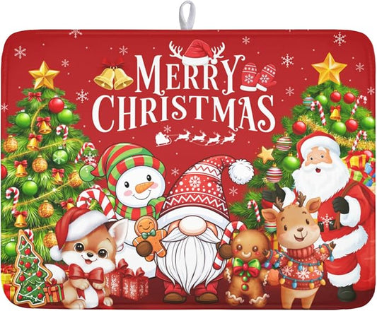 Merry Christmas Dish Drying Mat for Kitchen Counter 18x24 Inch | Xmas Theme Snowman Santa Claus Trees Pattern Dish Drainer Mat Rustic Holiday Absorbent Washable Drying Pad