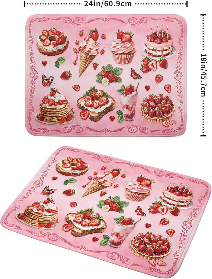 Strawberry Dish Drying Rack Mat Pink Absorbent Microfiber Dish Drying Mat for Kitchen Counter 18x24 In