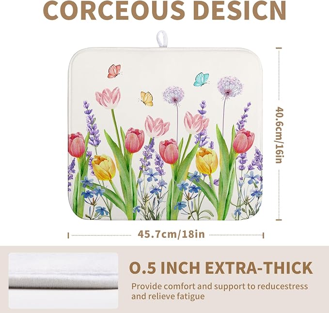 Spring Floral Dish Drying Mat Tulip Lavender Flower Dishes Pad Absorbent Microfiber Dish Draining Mat Washable Medium Dish Drainer Rack Mats for Kitchen Counter 16"x18"