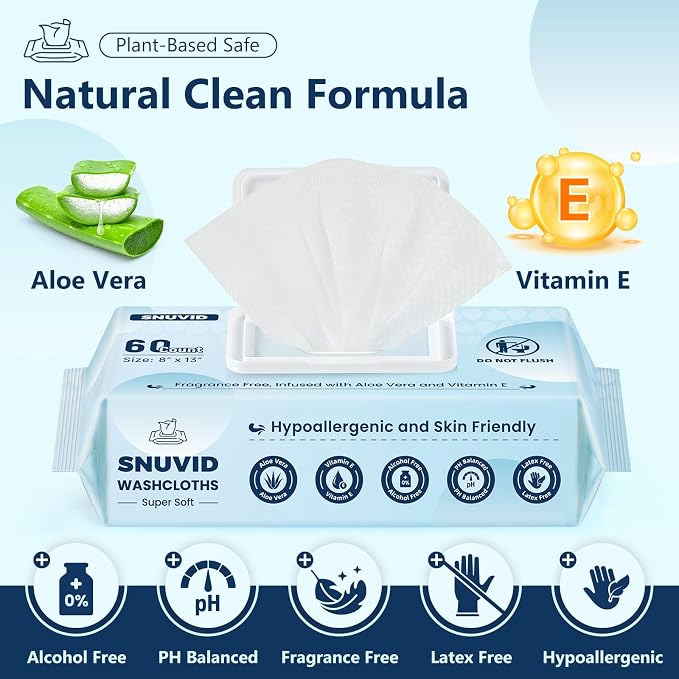Adult Wipes for Elderly - 720 Count Extra Large 8"x13" Disposable Washcloths Rinse Free Bathing Wipes for Incontinence & Bedridden Care - Thick, Soft & Unscented with Aloe & Vitamin E (12 Packs of 60)