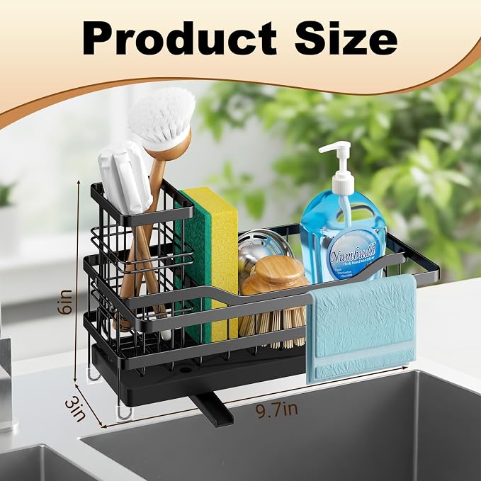 Sponge Holder for Kitchen Sink, Self-draining Sink Organizer with Towel Rack and Brush Holder, Metal Kitchen Sink Organizer for Countertop, Black
