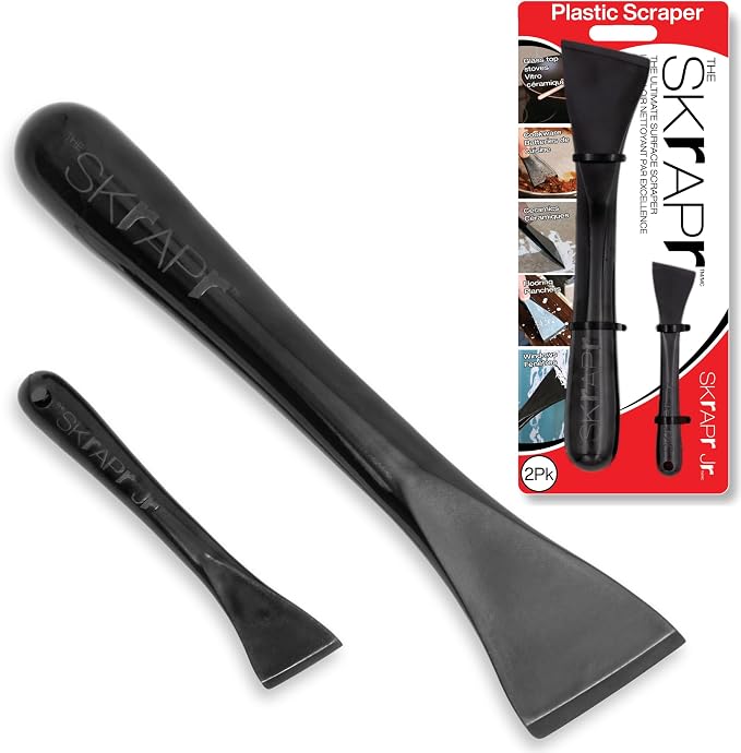Plastic Scraper Tool, 2 Pack, Non-Scratch, 1.7 Inch Wide Blade | Long Ergonomic Handle, Heat Resistant (460F), Dishwasher Safe - Clean Ovens, Countertops, Hard Floors, Walls, and Windows