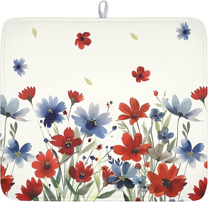 4th of July Floral Dish Drying Mat for Kitchen Counter 16 x 18 Inch Patriotic Dish Drainer Mat Absorbent Microfiber Independece Day Dish Rack Pad for Coffee Dining Bar Decor
