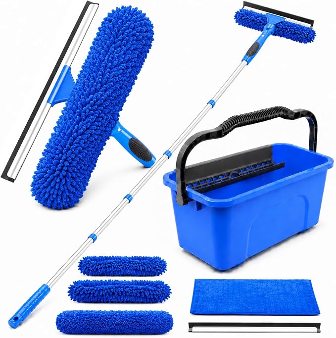 2-in-1 Window Cleaning Kit with Bucket, Extension Pole & Squeegee | 86-in pole, 3-gal bucket, reusable pads & rotating head for high windows, outdoor glass, mirrors, cars & solar panels