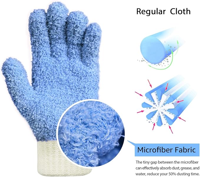 MIG4U 3 Pairs Microfiber Dusting Gloves, House Cleaning Glove for Blinds, Plants, Windows, Shutters, Furniture, Car Interior, Reusable Lint-Free Mitt, S/M