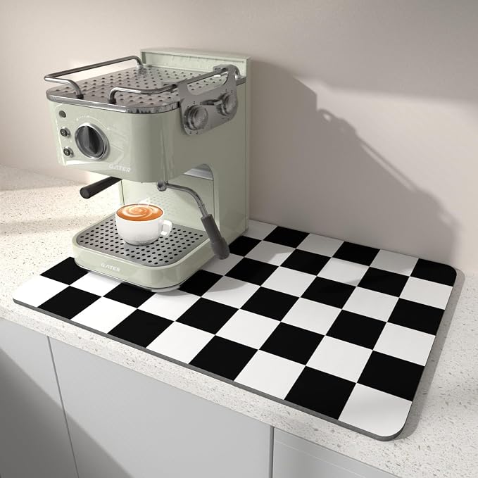 Dish Drying Mat for Kitchen Counter, 12" x 20" Checkered Coffee Bar Mat for Espresso Machine, Absorbent and Stain-Resistant Countertop Protector, Non-Slip Rubber Back Drying Pad, Black & White