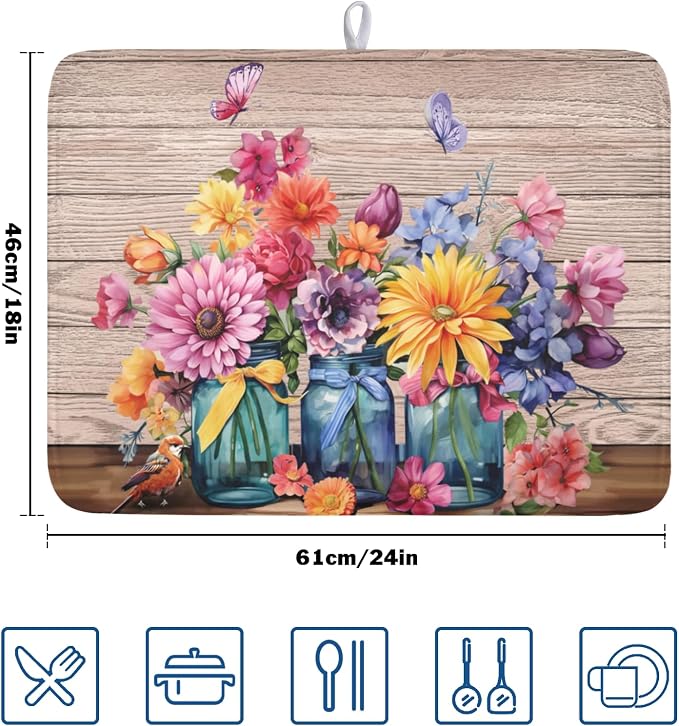 Purple Floral Wooden Board Dish Drying Mat 18x24 Inch | Vases，Vintage，Polyester，Absorbent Microfiber，for Kitchen Coffee Dining Bar Decor