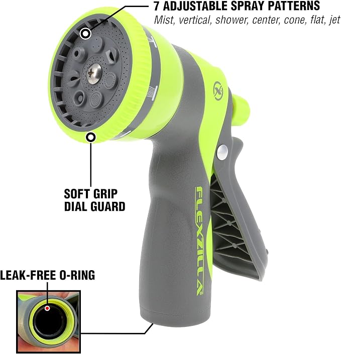 Flexzilla Heavy Duty 7-Pattern Adjustable Pistol Grip Garden Hose Nozzle Sprayer with Multiple Spray Settings & Durable Design