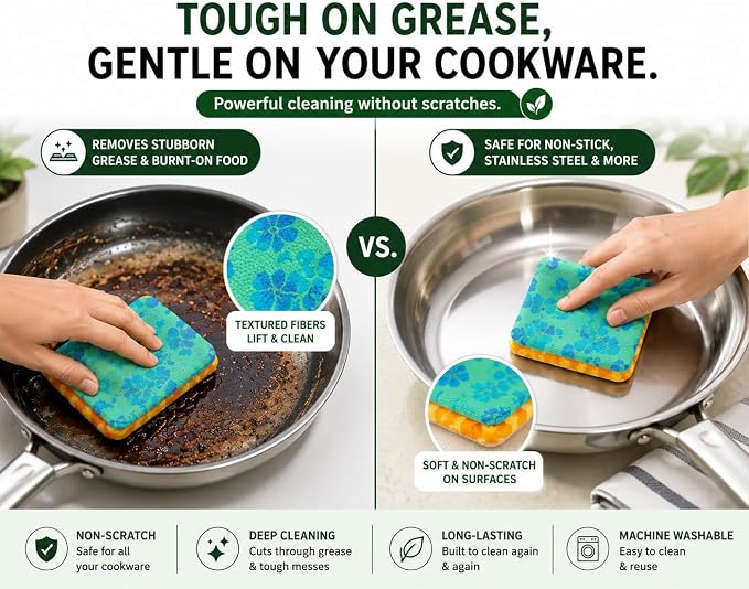 Reusable Dish Scrubbers (4 Pack) – Odor-Free Sponge Alternative, Non-Scratch Kitchen Scrubber for Dishes, Pots & Pans – Long-Lasting, Eco-Friendly Cleaning Pads