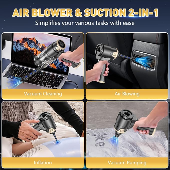 KMM Handheld Car Vacuum Cleaner, 16000PA Hand Held Vacuum & Air Duster | Strong Suction, 120W High Power, Portable, Cordless, Rechargeable, Multi-Nozzles & LED Liht, for Home, Car, Office, Pet