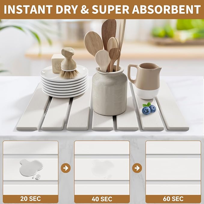 Stone Dish Drying Mat for Kitchen Counter,15.5''x11.8'' Foldable Quick Dry Stone Kitchen Mat,Eco-Friendly,Absorbent Diatomaceous Earth Mats for Dishes Bottles Cups Bathroom Any Countertop-White