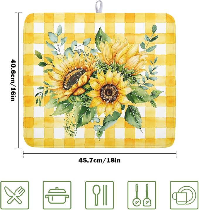 Sunflower Dish Drying Mat 16x18 Inch Absorbent Reversible Summer Sunflower Drying Mat Summer Plaid Dish Drying Rack Mat Yellow Summer Themed Dish Drainer Mat for Kitchen Counter Coffee Bar