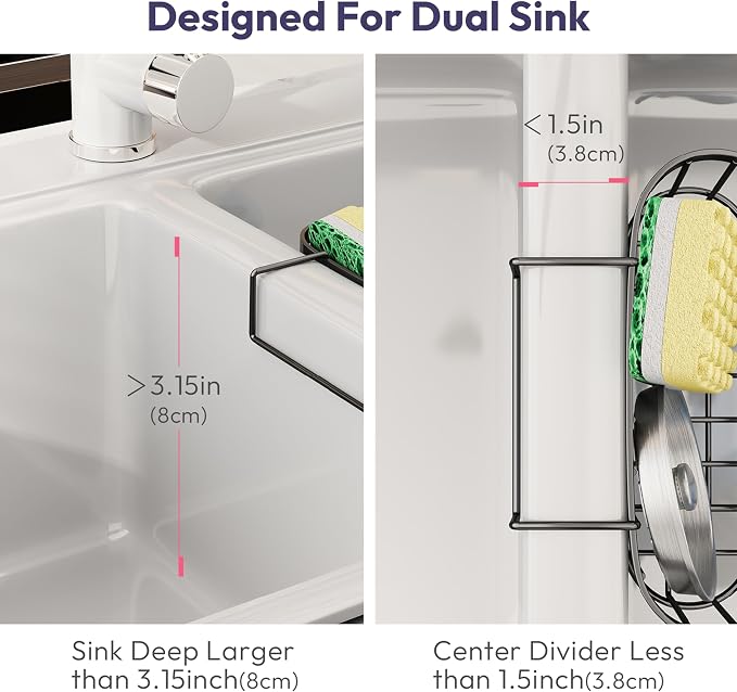 SWTYMIKI Sponge Holder for Kitchen Sink - Movable Sink Caddy with Smiley Face Sponge Holder, Rustproof Hanging Sponge Organizer in Double Bowl Sinks Depth>3.15in, Middle Divider<1.5in, Black