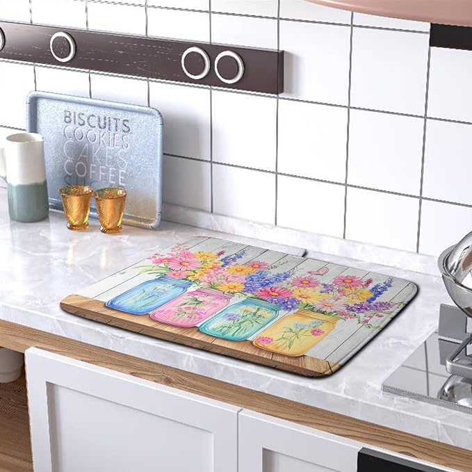 Daisy Dish Drying Mat for Kitchen Counter Spring Summer Flowers Vases Dishes Pad Microfiber Absorbent Dish Draining Mats Rustic Farmhouse Floral Wooden Board Dish Drainer Rack Mat 16x18 Inch