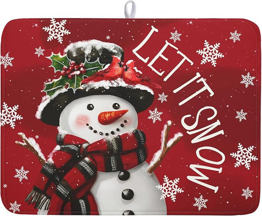 Winter Snowman Dish Drying Mat for Kitchen Counter 18x24 Inch Christmas Dish Draining Mat Xmas Snowflakes Decorations Fast Absorbent Tableware Cardinal Birld Dishes Pad for Coffee Bar Countertop