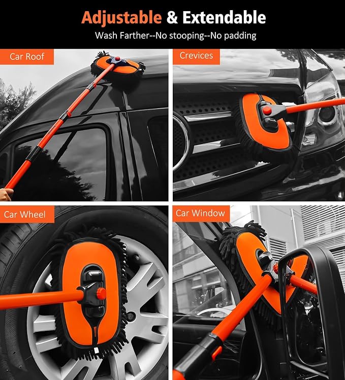 YeewayVeh 55" Car Wash Brush Mop, Extendable Long Handle, Orange | 15° Curved Extension Pole, Extra Microfiber Mop Head, Scratch-Free Auto Cleaning Kit for Truck, SUV & RV