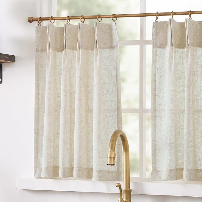jinchan Pinch Pleated Linen Back Tab Tier Curtains,26x36,4 Panels,Natural | Light filtering,rod pocket,small window treatment,cafe curtains,machine washable,farmhouse,kitchen,bathrooms,laundry