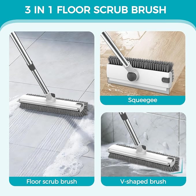 SetSail Floor Scrub Brush with 54in Adjustable Long Handle, Grey&White | 3 in 1 Floor Scrub Brush with Scraper and Stiff Bristle, Heavy Duty Floor Scrubber for Shower Bathroom Kitchen Patio Garage