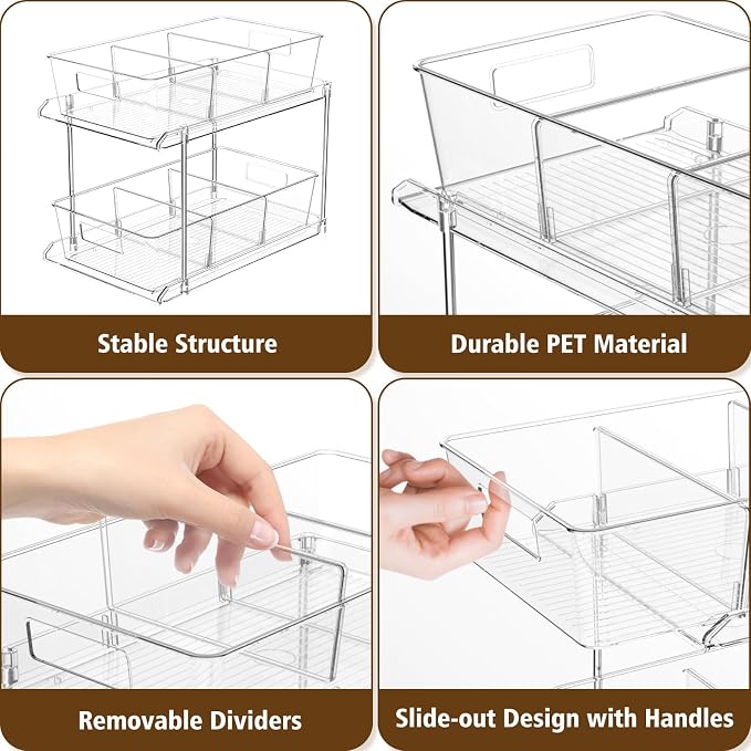 Fabspace Bathroom Under Sink Organizers and Storage, 2 Tier Vanity Countertop Pull-out Cabinet Organizer, Storage Container, Multi-Purpose Kitchen Pantry Organization with Dividers, 2 Packs