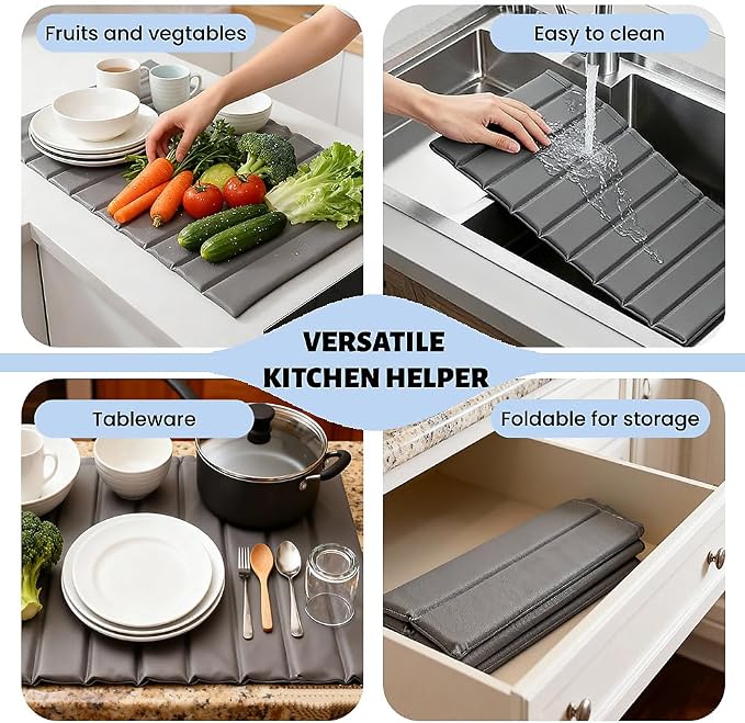 Large Stone Dish Drying Mat for Kitchen Counter, Quick-Dry Diatomaceous Earth Mat with PU Cover & Waterproof Bottom, Foldable Absorbent Drying Stone for Dishes, Cups and Bottles(25.2'' × 16.1'')