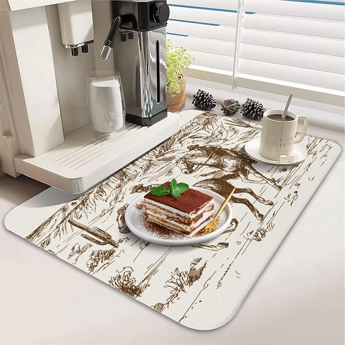 Dish Drying Mat 2-Pack in Western Cowboy for Kitchen Counter Dishes Mat | Diatom Mud Mats (18x24, 19.5x12"). Non-slip rubber back for kitchen counter, coffee bar & sink scenes
