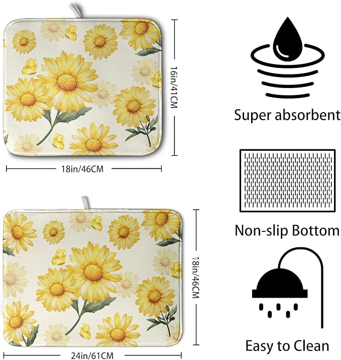 Yellow Sunflower Dish Drying Mat for Kitchen Counter Summer Daisy Floral Dishes Pad Farmhouse Flower Dish Draining Microfiber Absorbent Dish Drainer Rack Mat Large 16x18 Inch