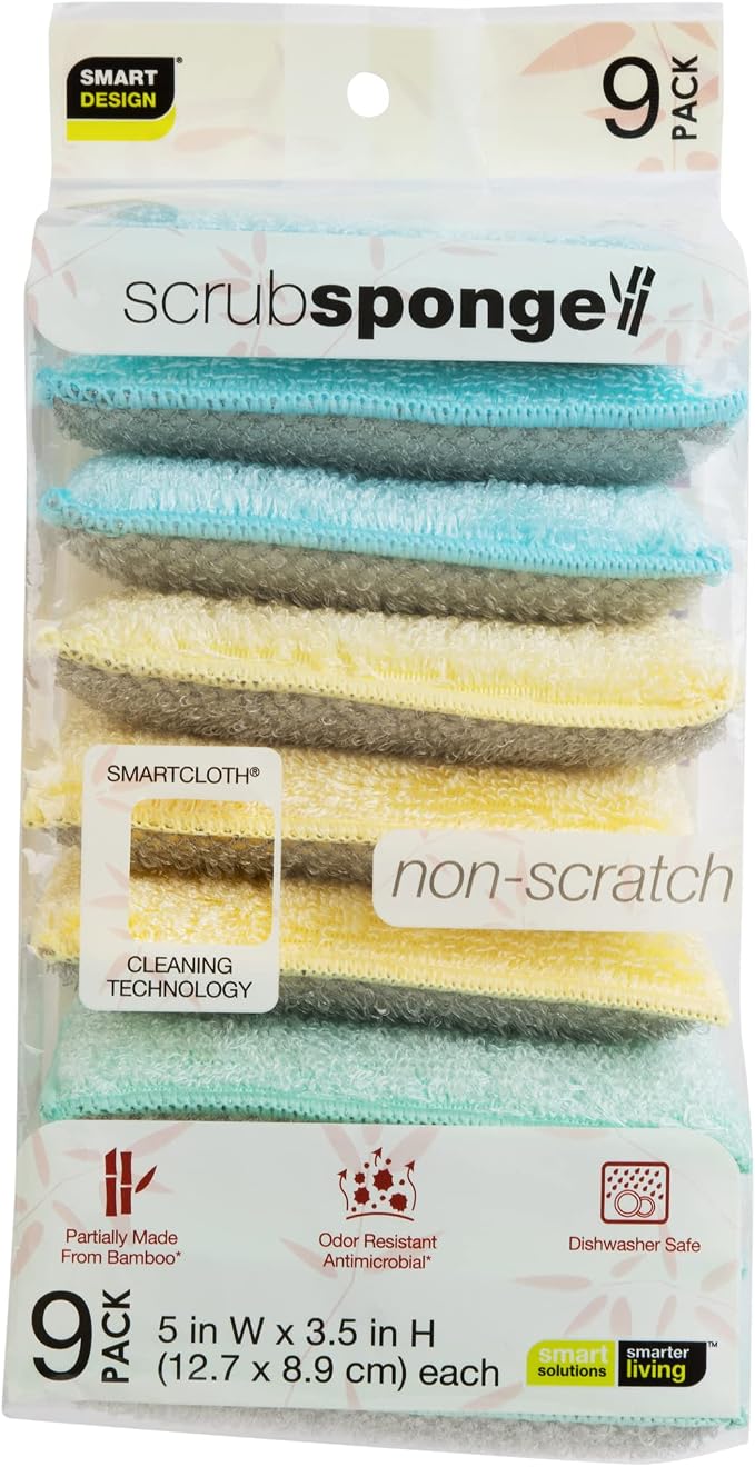 Smart Design Heavy Duty Scrub Sponge with Bamboo Odorless Rayon Fiber - Set of 9 - Ultra Absorbent - Soft and Metallic Scrub - Cleaning, Dishes, and Hard Stains - Spring - Yellow, Mint, Blue