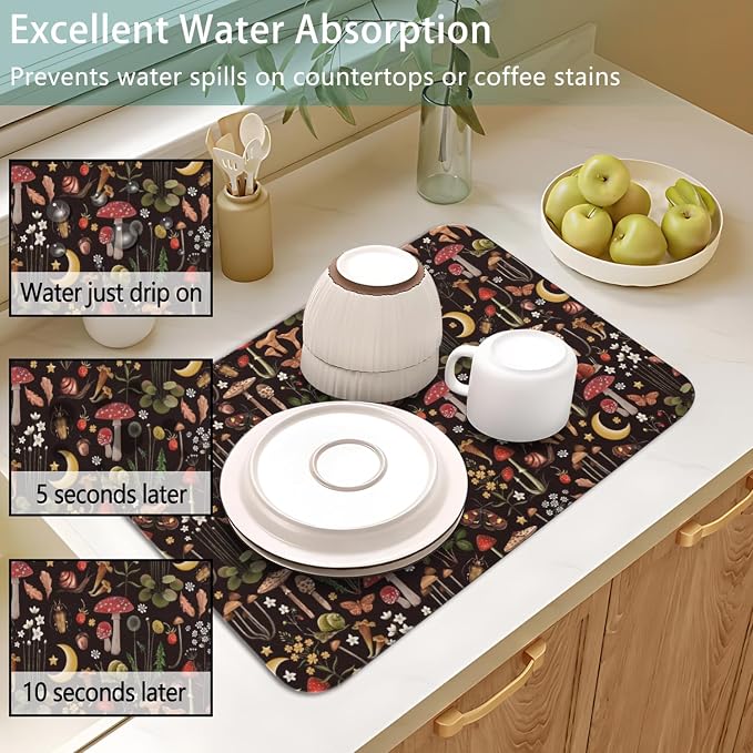 Dish Drying Mat 2-Pack with Mushroom for Kitchen Counter Absorbent Dishes | Diatom Mud Mats (18x24, 19.5x12"). Non-slip rubber back for kitchen counter, coffee bar & sink scenes