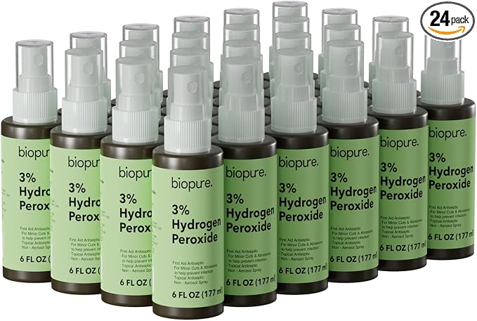 Biopure Hydrogen Peroxide 6 Fl Oz Spray – Convenient Non-Aerosol Spray Bottle with 3% Hydrogen Peroxide| Hydrogen Peroxide 3% First Aid Topical Antiseptic for Minor Cuts and Abrasions (24-Pack)