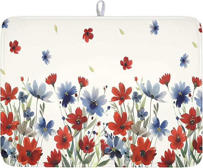4th of July Floral Dish Drying Mat for Kitchen Counter 18 x 24 Inch Patriotic Dish Drainer Mat Absorbent Microfiber Independece Day Dish Rack Pad for Coffee Dining Bar Decor