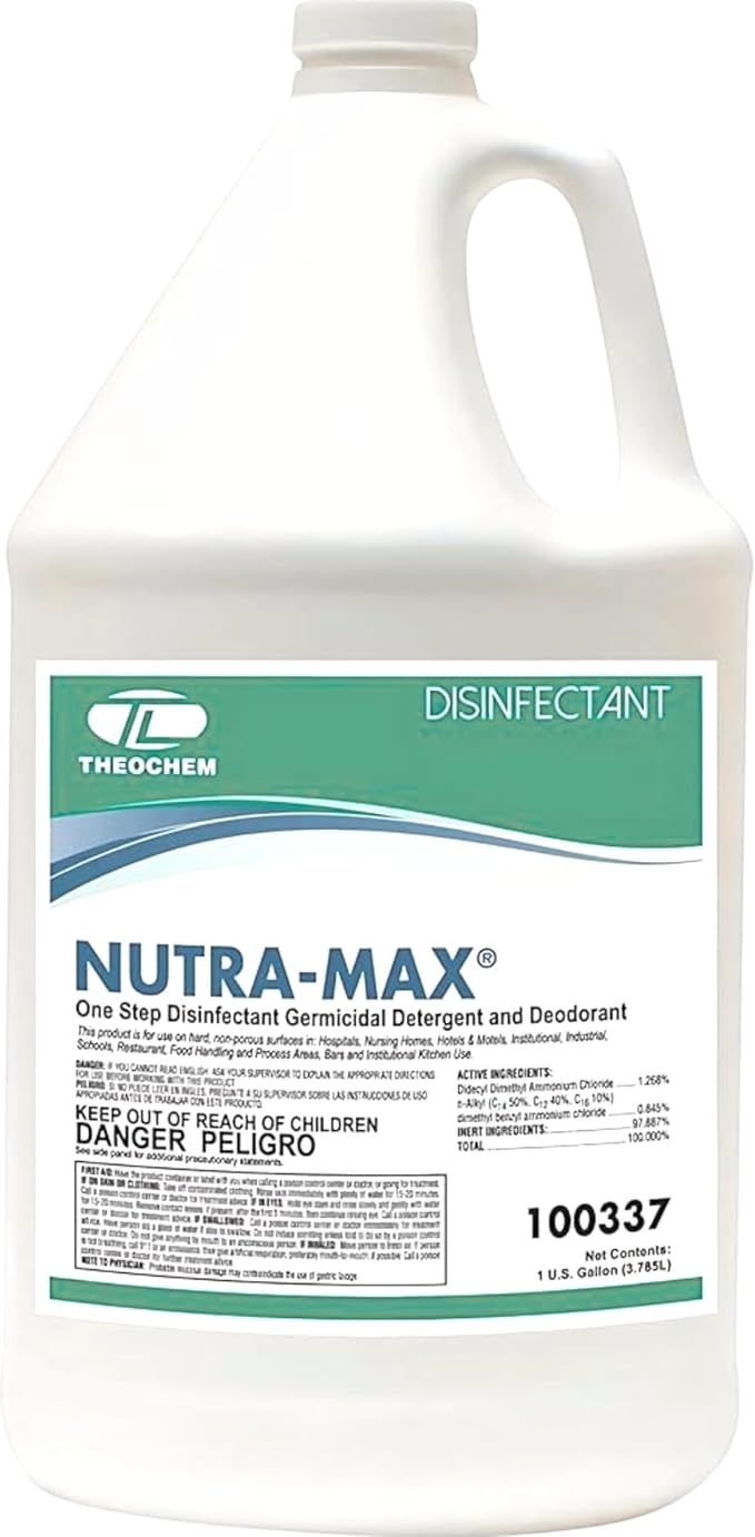 Nutra-Max Hospital Grade Disinfectant, EPA List N & G, Kills 99.9% Viruses & Bacteria, 1:32 Concentrate Makes 32 Gallons, Commercial Multi-Surface Cleaner For Home