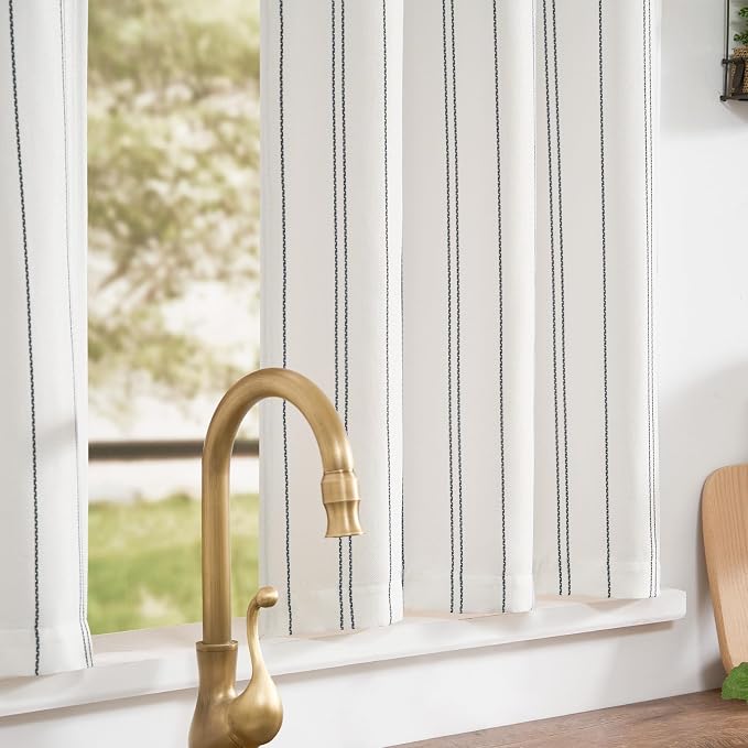 jinchan Black Stripe Linen Look Tier Curtains, 26x24, 2 Panels, White | Light filtering, rod pocket, farmhouse style, rustic decor, kitchen, bathroom, laundry room, RV, small windows