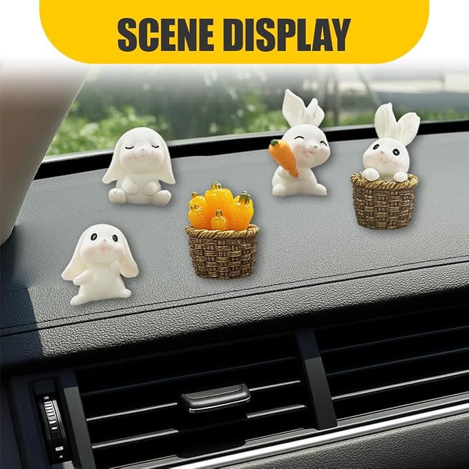 5PCS Cute Mini Rabbit Car Dashboard Decorations, Resin Cartoon Figurine Set for Rear View Mirror & Center Console Ornaments, Funny Car Interior Accessories for Home Office Desk (Rabbit)