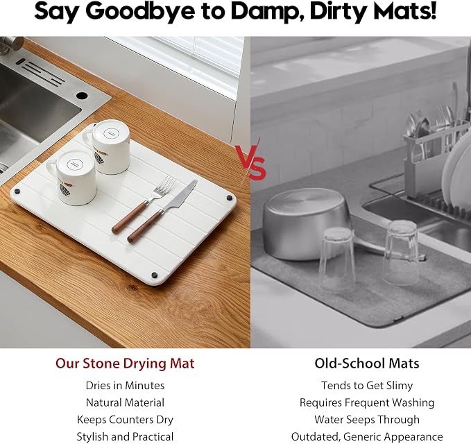 Razborci Stone Dish Drying Mat for Kitchen Counter, Water Absorbing Bathroom Tray Sink Organizer, Diatomaceous Earth Countertop Dish Rack Riser Sponge Holder Soap Dish, White, 16" x 12"