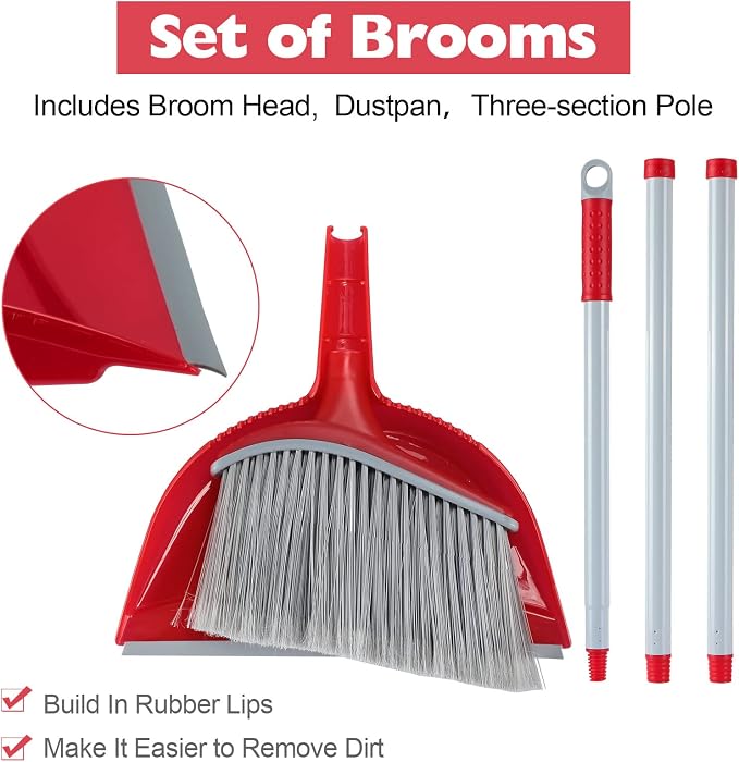 Meanplan 2 Pcs Angle Broom and Dustpan Combo Set for School Classroom 54'' Outdoor Indoor Cleaning Broom Commercial Broom with Step-on Dustpan for Home Kitchen Office Floor Dirt Dust Hair Cleaning