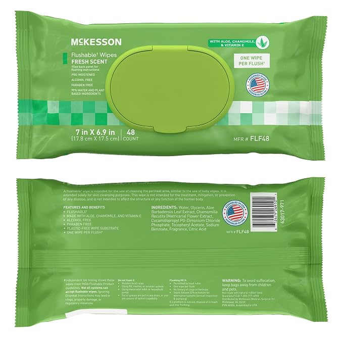 McKesson Flushable Adult Wet Wipes, Scented, 288 Wipes (6 Pack of 48) | Plant-Based Cleansing Wipes, Scented, Gentle on Skin, Plant-Based Adult Cleansing Wipes