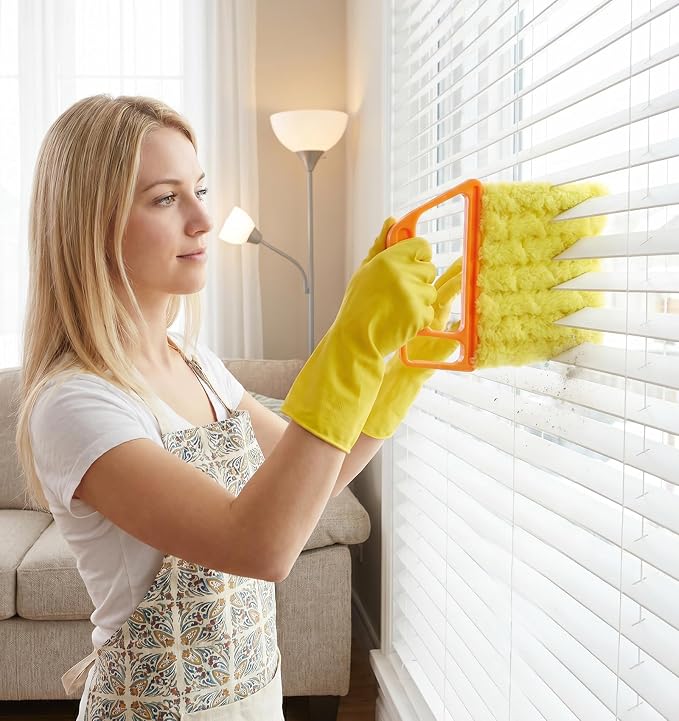 2 Pcs Blind Duster for Wood Blinds, 7-Finger Blind Cleaner Duster Tool | with Microfiber, Effortless Dusting for Tight Slats (Orange and Yellow)