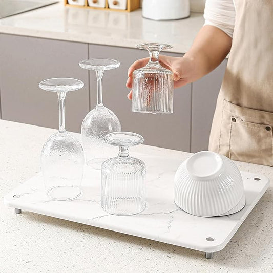 Stone Drying Mat for Kitchen Counter with Non-Slip Stainless Steel Feet, Quick Drying Diatomaceous Dish Racks for Dishes, Bottles and More, 15.7"(L)×11.8"(W), Pearl Marble