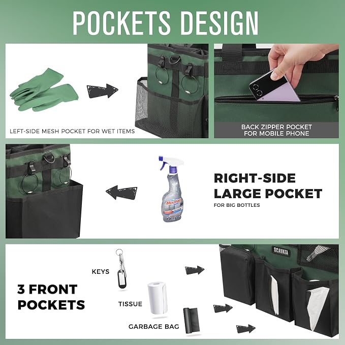 SCAVATA Wearable Cleaning Caddy Bag, Cleaning Caddy Supplies Organizer with Handle & Shoulder Straps for Housekeepers, Under Sink & Car Cleaning Tool Organizers with 4 Foldable Divider (TreeGreen)