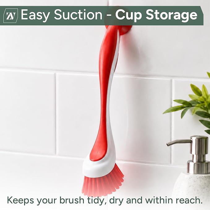 Zuvo Dish Brush Set of 3 with Suction Cup – Dish Scrubber & Cleaning Brush | Long-handle kitchen scrub brush, PET bristles, for dishes, pots, pans, sink & cast iron, 3 assorted colors, suction base